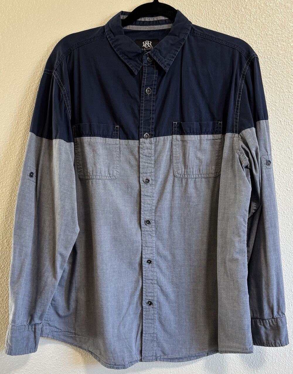 Rock & Republic Mens Sz L Button Up Shirt Blue Color Block Roll Tab Western Farm